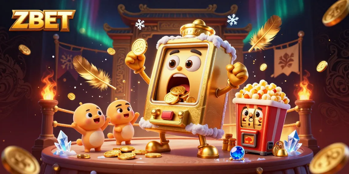 ZBET jackpot celebration with golden slot machines and dynamic casino elements in a vibrant 3D illustration.
