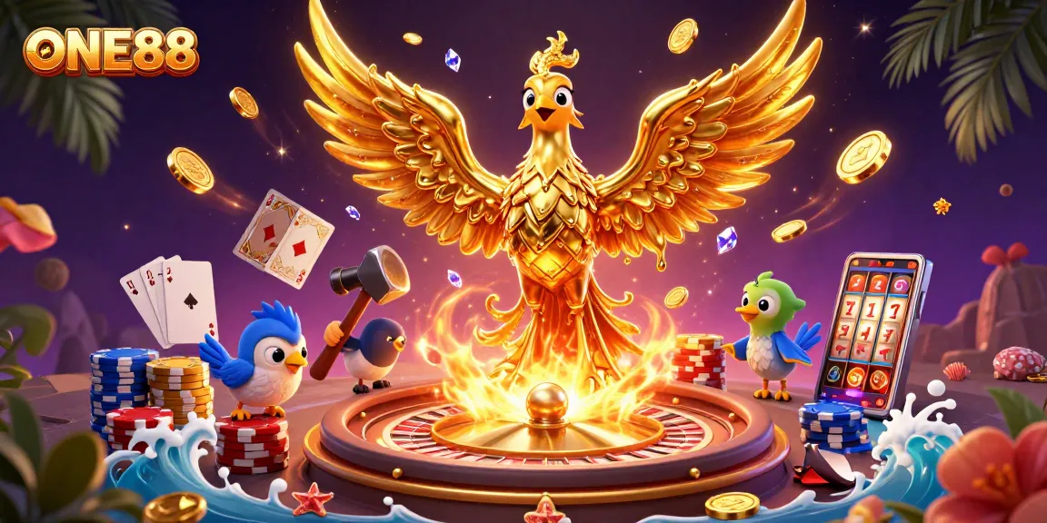 Engage in exciting casino gaming with ONE88's dynamic 3D illustration of a golden phoenix and rich gaming elements.