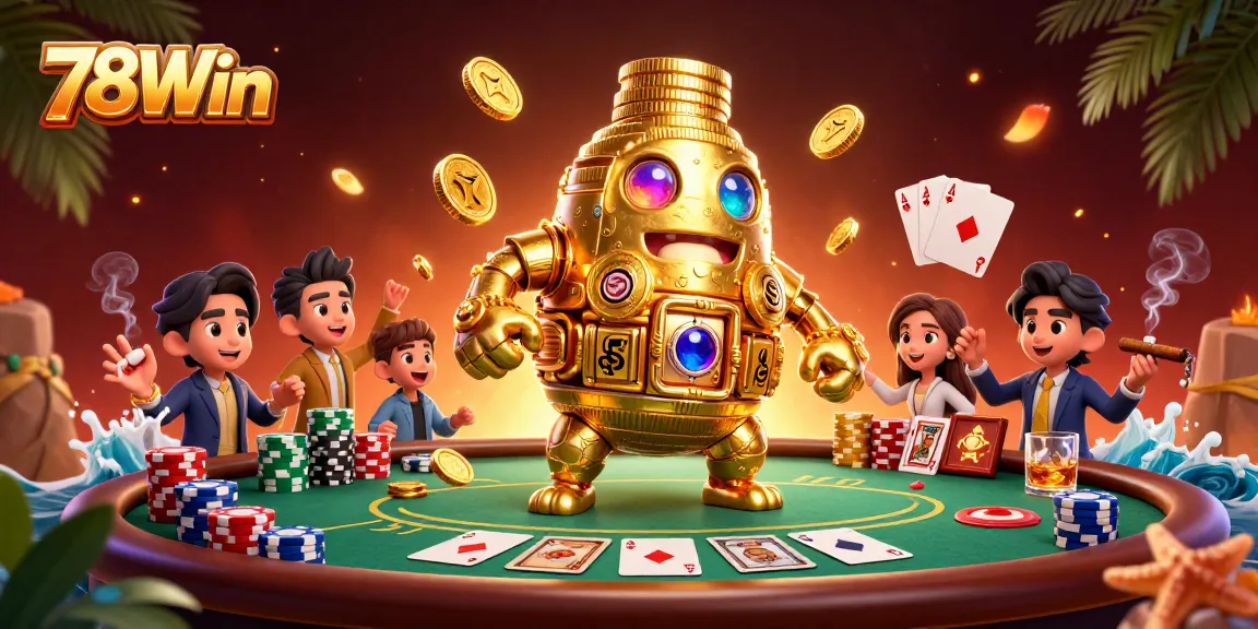 Experience thrilling gaming at 78Win with a golden golem amidst vibrant poker elements for ultimate excitement.