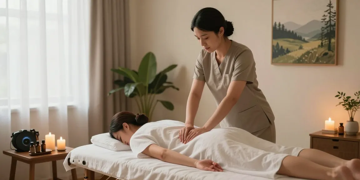 천안마사지를 받는 고객과 전문가의 평화로운 마사지 장면