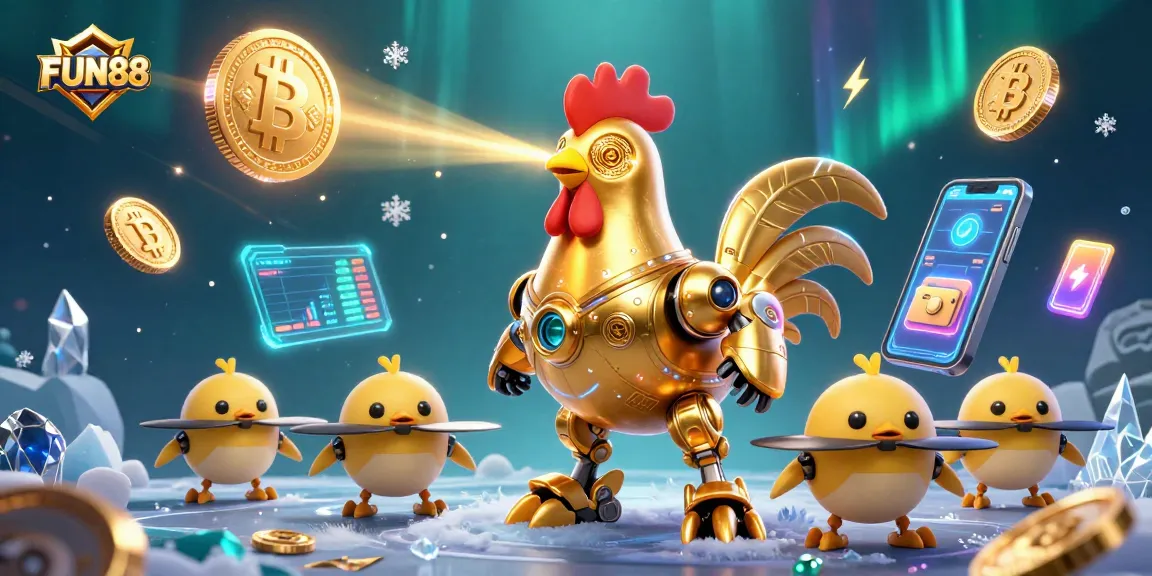 Engage in immersive FUN88 gaming with a golden rooster robot and crypto elements.