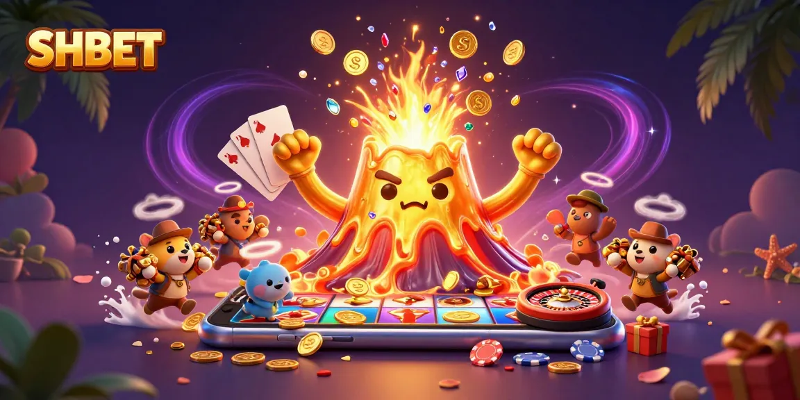 Engage with SHBET's vibrant world of gaming where treasure hunters scamper amid a golden eruption.