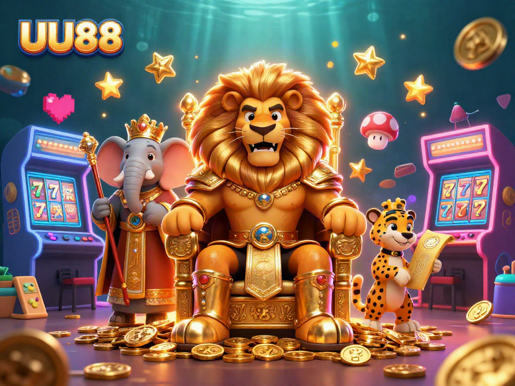 Experience the fun of UU88 with a vibrant casino-themed 3D illustration showcasing excitement and camaraderie.