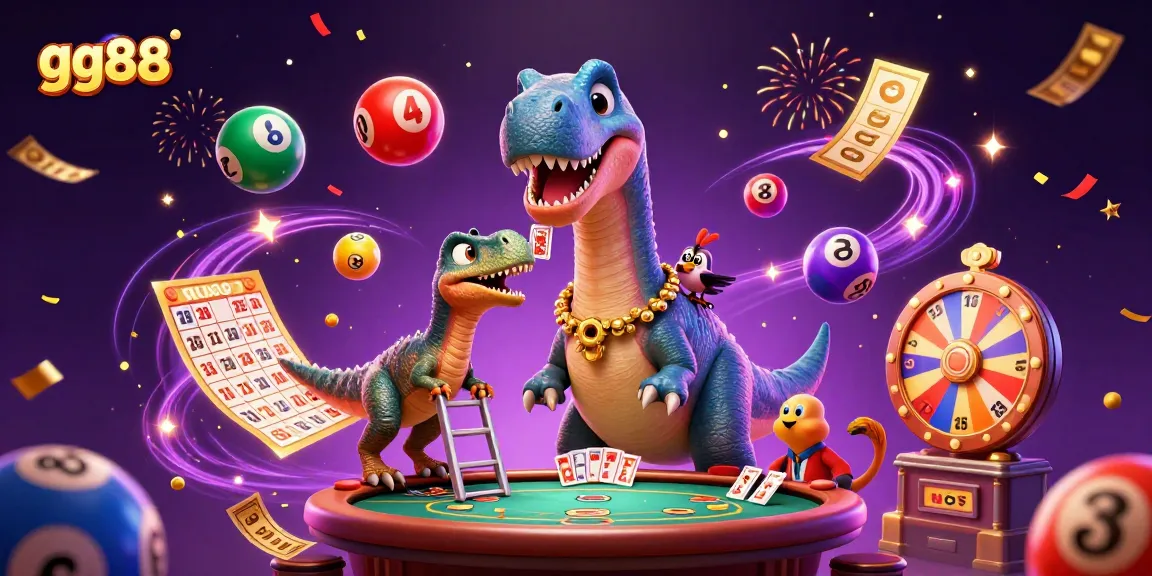 Experience the excitement of gg88 with a vibrant casino scene featuring a brontosaurus and raptor.