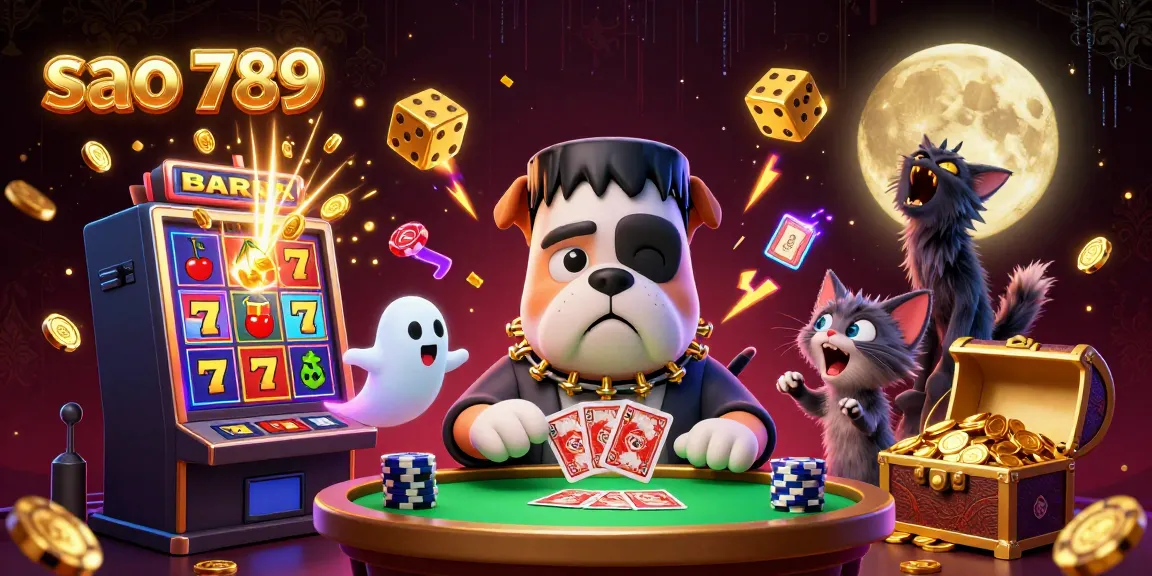 Sao 789 gaming scene with a Frankenstein bulldog dealing cards, showcasing dynamic casino elements