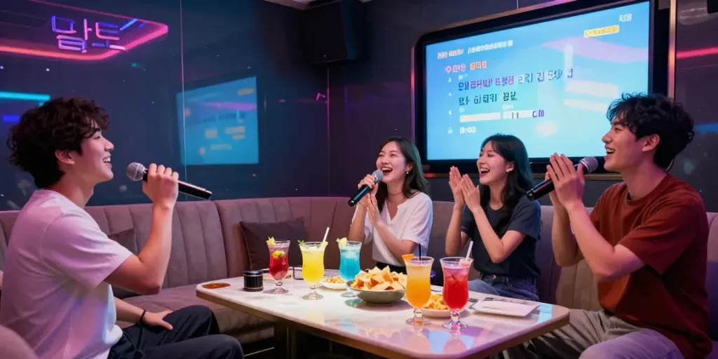 달토 가라오케에서 즐거운 시간을 보내는 고객들, 화려한 조명과 함께 노래를 부르는 모습