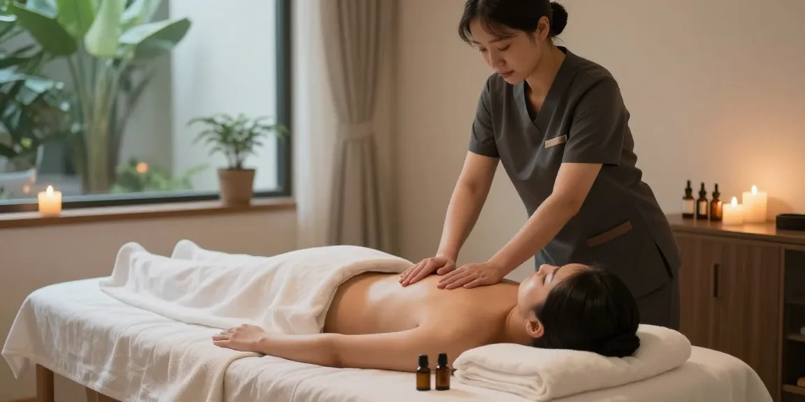 인천출장마사지 전문 관리사가 고객에게 아로마 마사지 서비스를 제공하는 장면