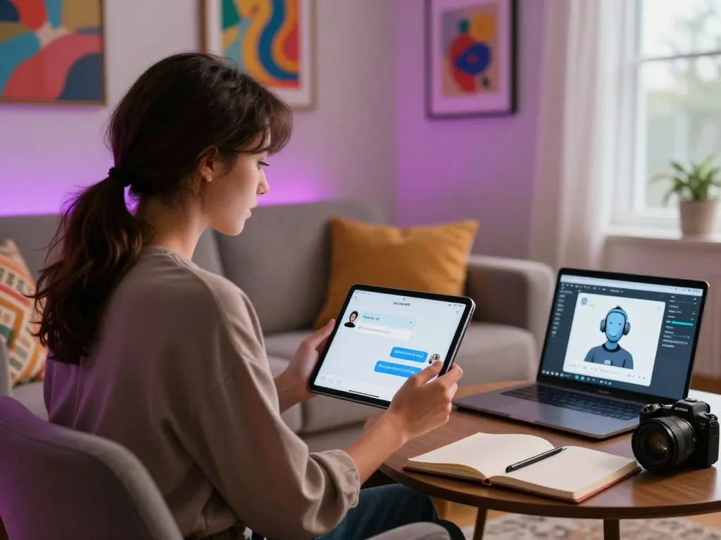 Engaging with an nsfw chat bot in a cozy home workspace setting, showcasing digital interaction.