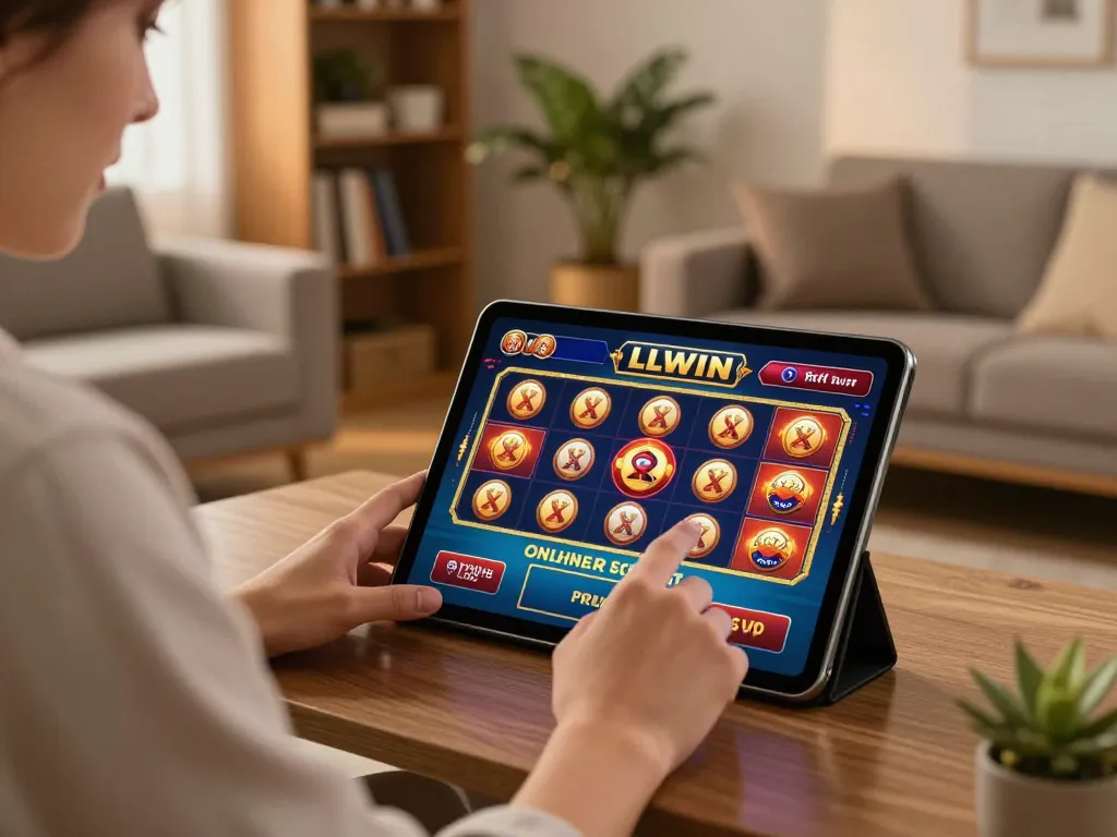 Engaged player exploring LLWIN casino games on a tablet in a cozy living room setting.