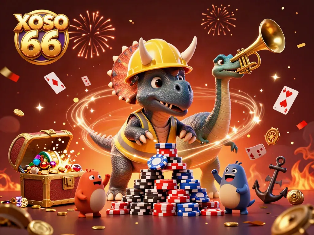 Experience thrill at XOSO 66 with a lively 3D illustration showcasing poker fun.