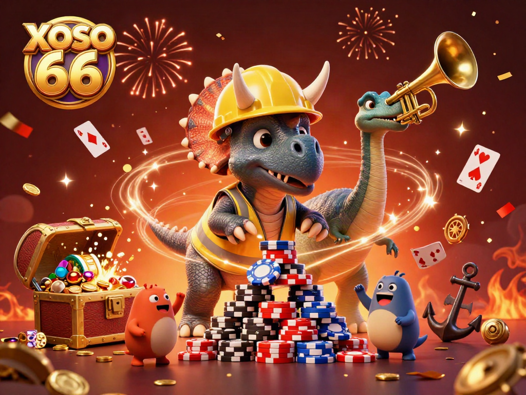 Experience thrill at XOSO 66 with a lively 3D illustration showcasing poker fun.