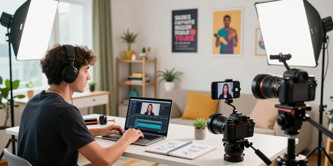 YouTubeチャンネル成長ならSNSヒーローのクリエイターが活気あるスタジオで動画を制作するシーン。