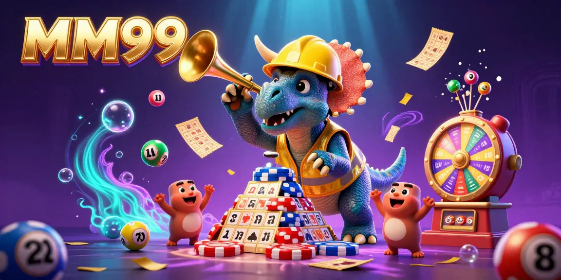 Engage in exhilarating MM99 betting with colorful lottery balls, a triceratops, and prize-rich scenes.