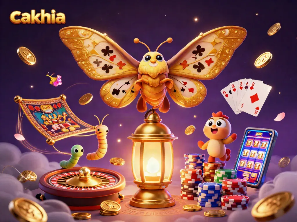 Experience excitement with cakhia as a golden atlas moth illuminates a casino scene.
