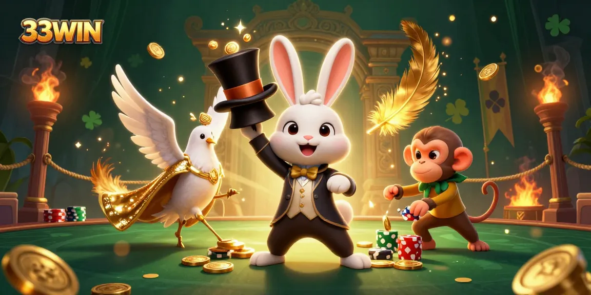Engage with 33WIN's exciting casino scene featuring golden coins, a magical rabbit, and thrilling gameplay elements.