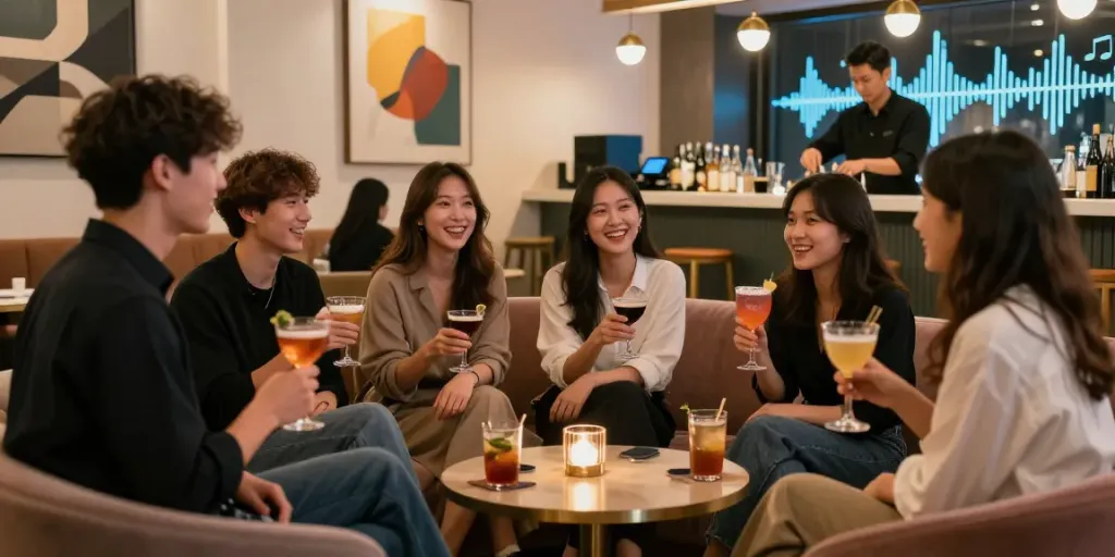 강남유앤미 고급스러운 공간에서 칵테일을 즐기는 사람들 모습