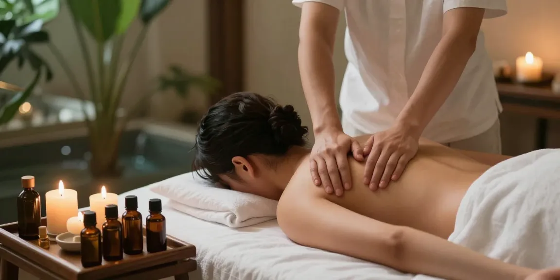 동탄마사지 편안한 스파에서 아로마 오일과 촛불이 있는 마사지 장면