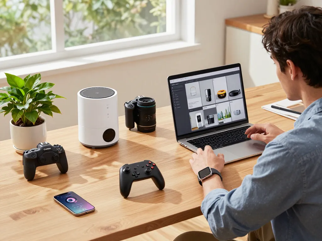 Engaged professional exploring trending tech gadgets in a bright, modern workspace.