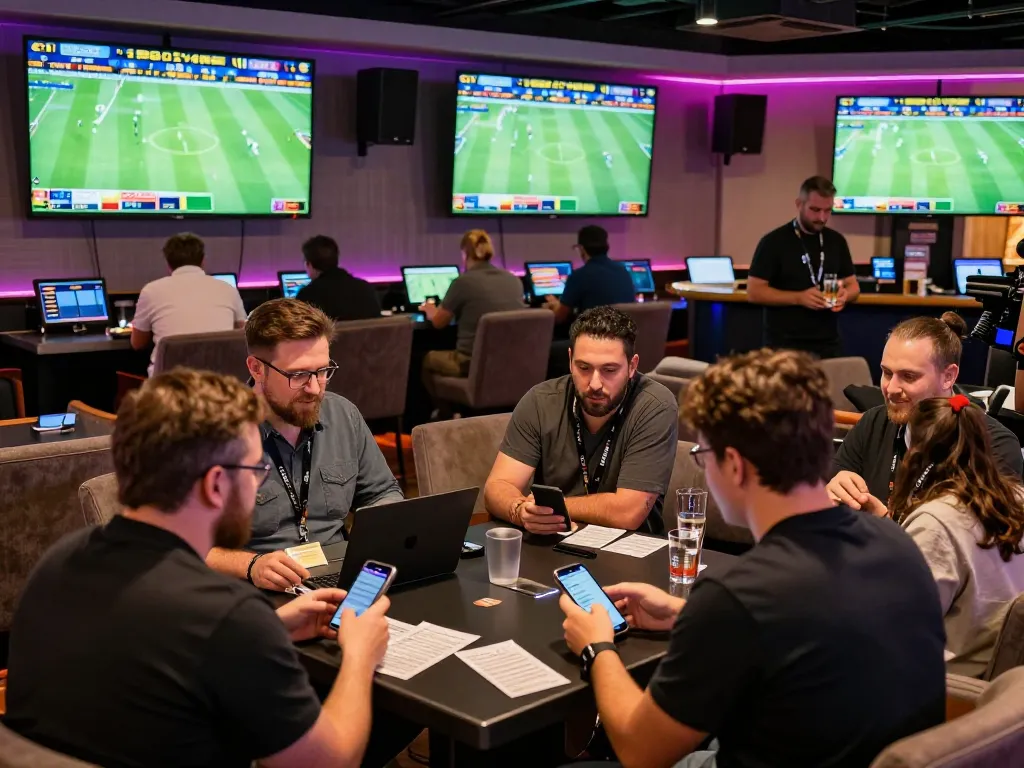 Engaged bettors at O8 bóng đá sports lounge analyzing odds and enjoying vibrant atmosphere.