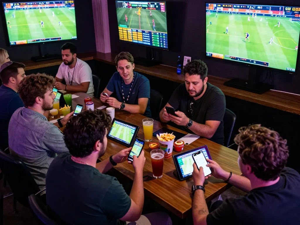 Engaged bettors using qq8827 app for real-time sports betting in a lively sports bar setting