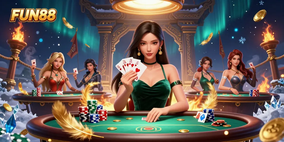 Experience the thrill of FUN88 with a stunning poker scene capturing action and elegance.