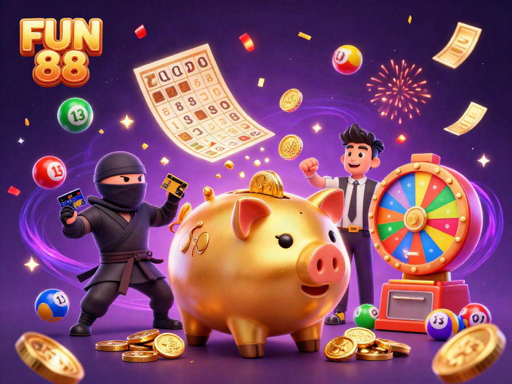 Experience the excitement of FUN 88 with a dynamic scene of a golden piggy bank sumo wrestler, ninja, and referee.