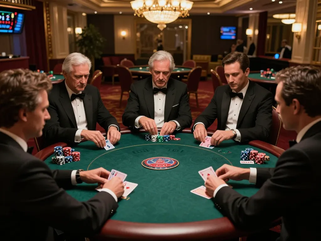 Players engaging in a strategic poker game at QQ88, showcasing luxury poker chips and an elegant atmosphere.
