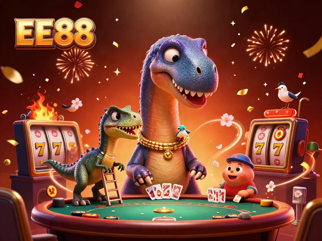 Experience the thrill of EE 88 with a towering brontosaurus and raptor dealer in a vibrant casino.