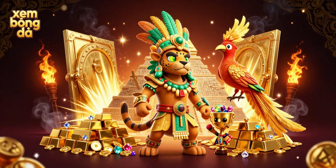 Xem bóng đá with a dynamic 3D illustration featuring a Mayan jaguar priest and treasures around him.