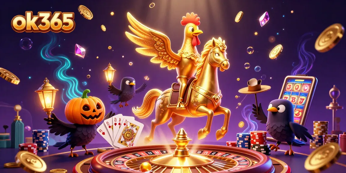 Engage in thrilling gameplay at ok365 featuring a golden rooster headless horseman in a vibrant casino scene.