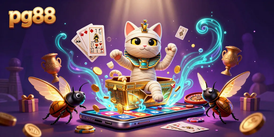 pg88 delivers thrilling experiences with an Egyptian mummy cat and casino elements in a vibrant scene.