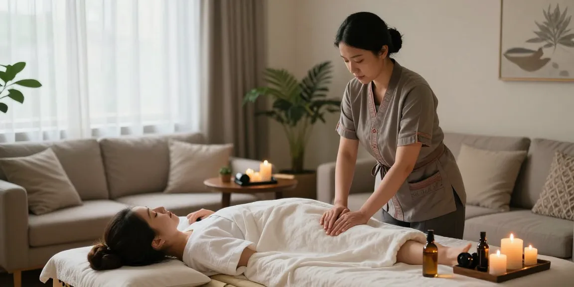 Serene in-home massage setup for 서울출장안마, featuring therapist, calming candles, and soft lighting.