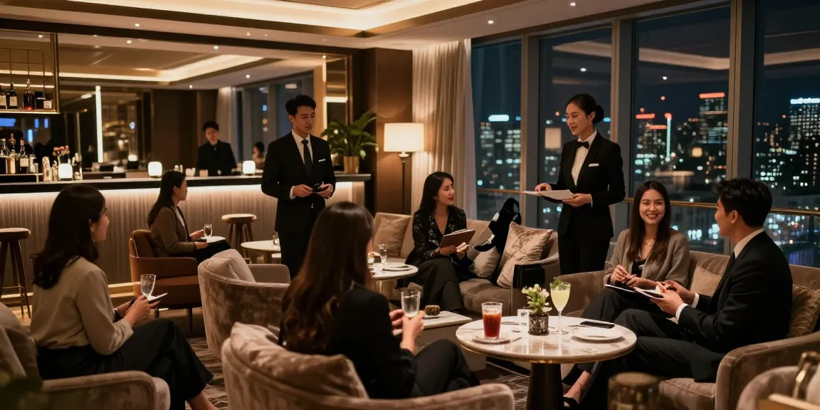강남 구구단의 고급스러운 분위기를 가진 프라이빗 룸에서 매니저들이 손님과 소통하는 모습