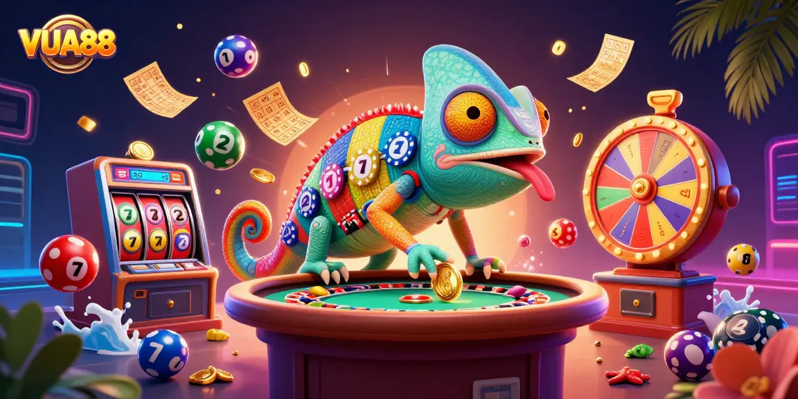 Experience vibrant VUA88 casino action with a colorful chameleon and exciting game elements.