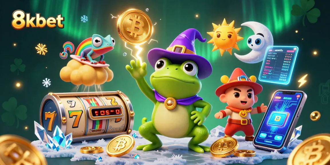 Experience the thrill of 8kbet with a vibrant casino illustration showcasing iconic gaming elements.