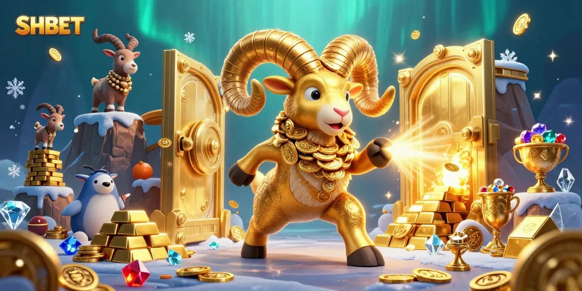 Experience the excitement of winning at SHBET with a golden ram charging into a treasure vault bursting with gems and gold.