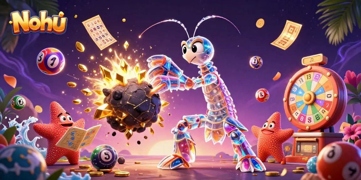 Nohu brings excitement as a galactic mantis shrimp breaks through gems and coins amidst casino elements.