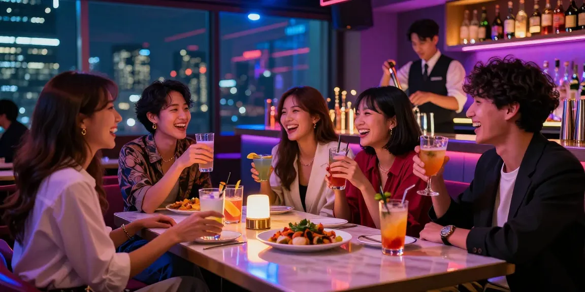 강남의 퀸알바 불빛이 반짝이는 바에서 즐거운 분위기