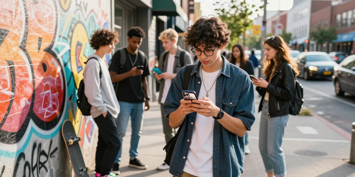 いいねを購入して人気の投稿を分析する若者たちの街中のシーン
