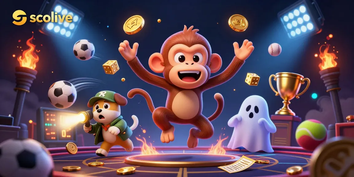 Socolive enhances the gambling experience with a vibrant, engaging animated scene featuring sports elements and a mischievous monkey.
