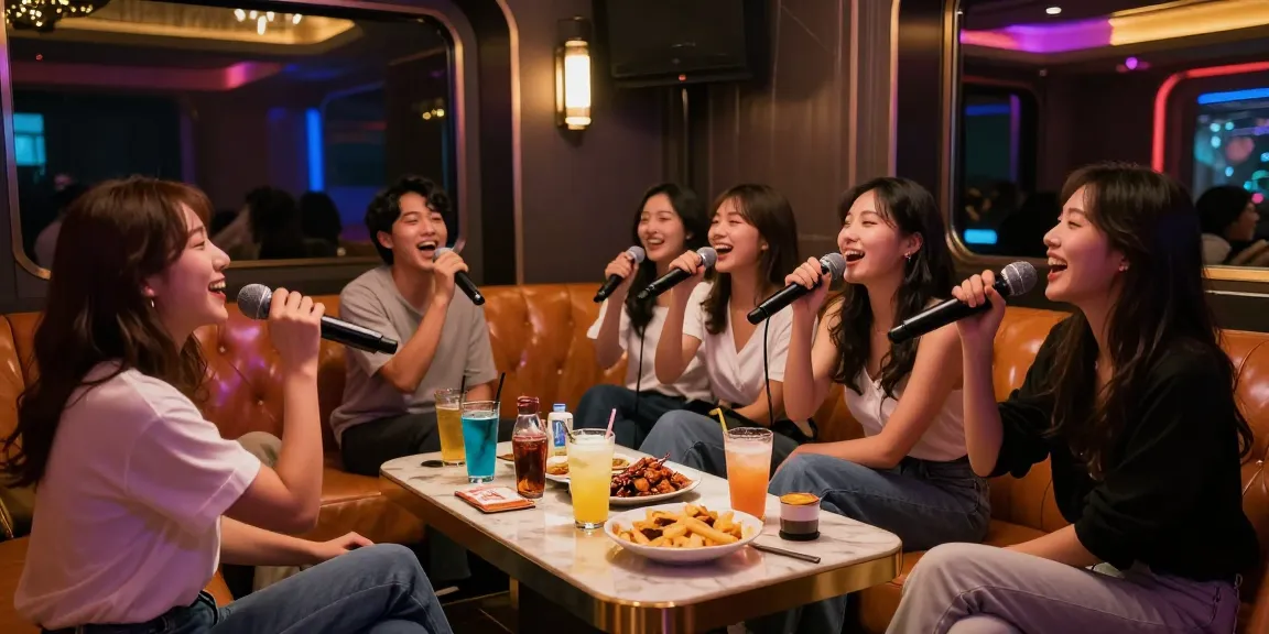 강남가라오케에서 친구들과 함께 노래를 부르고 있는 활기찬 장면