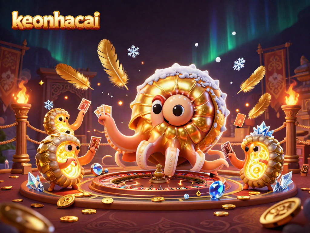 Engage with the vibrant keonhacai scene featuring a giant nautilus roulette wheel and glowing ammonite companions.