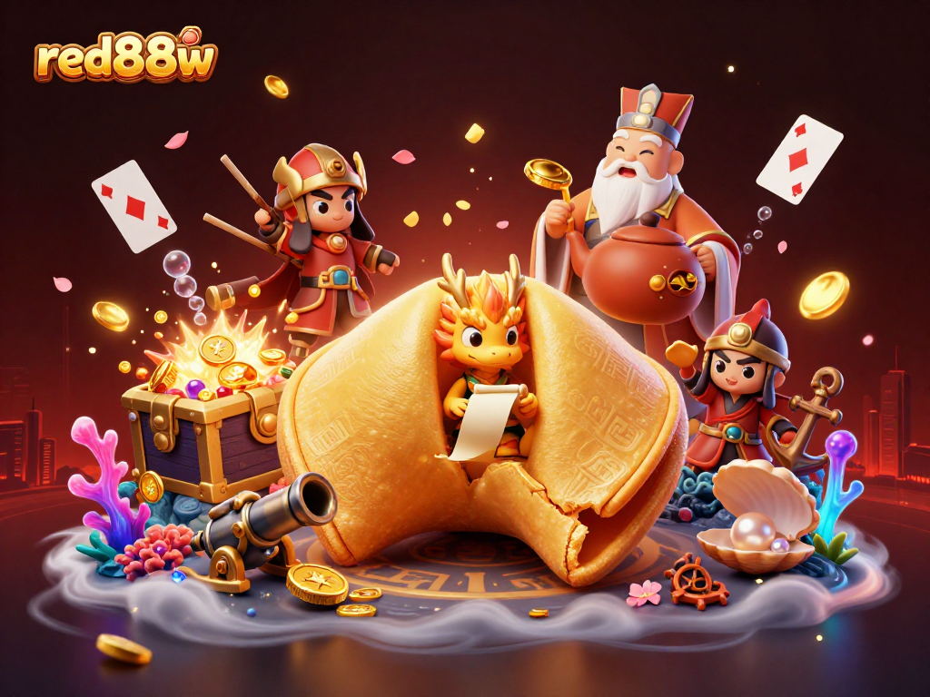 Experience unmatched fun at red88w with a whimsical illustration showcasing luck, fortune, and exciting casino vibes.
