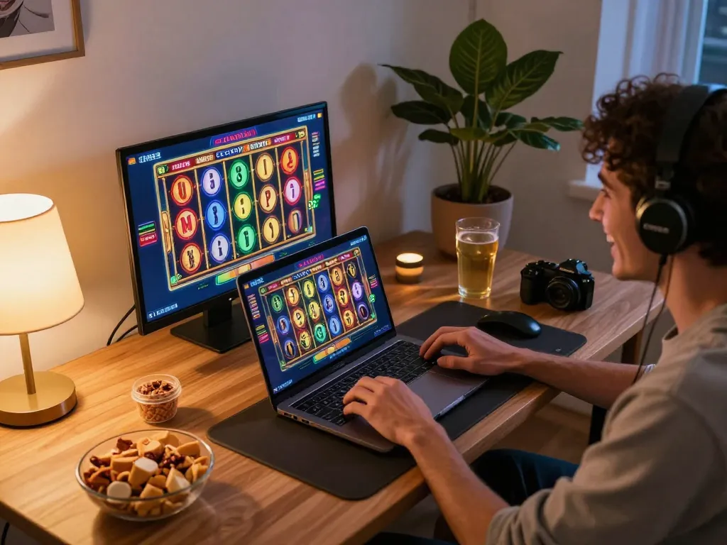 Engaging player enjoying cm88 slots game on laptop in cozy home setting