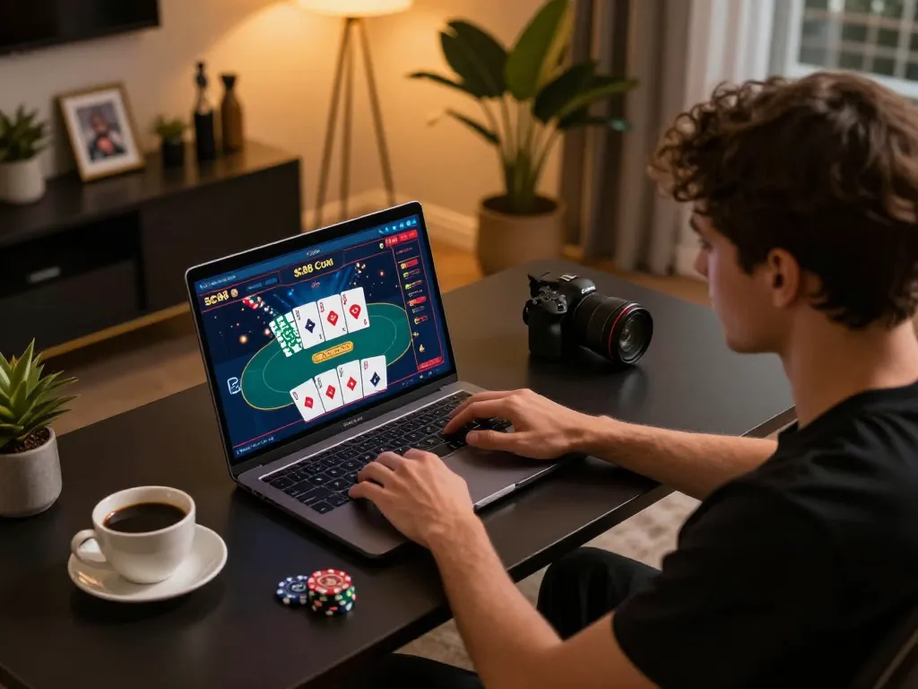 Playing online poker with SC88 Com on a laptop in a stylish home gaming setup