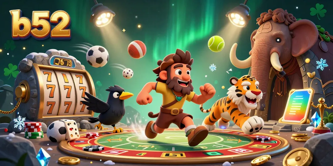 Engage at b52 with a lively casino scene showcasing prehistoric characters and vibrant gambling elements.