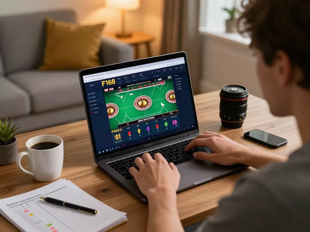 Person engaged in online gambling on F168 platform from home office, showcasing strategic gameplay.