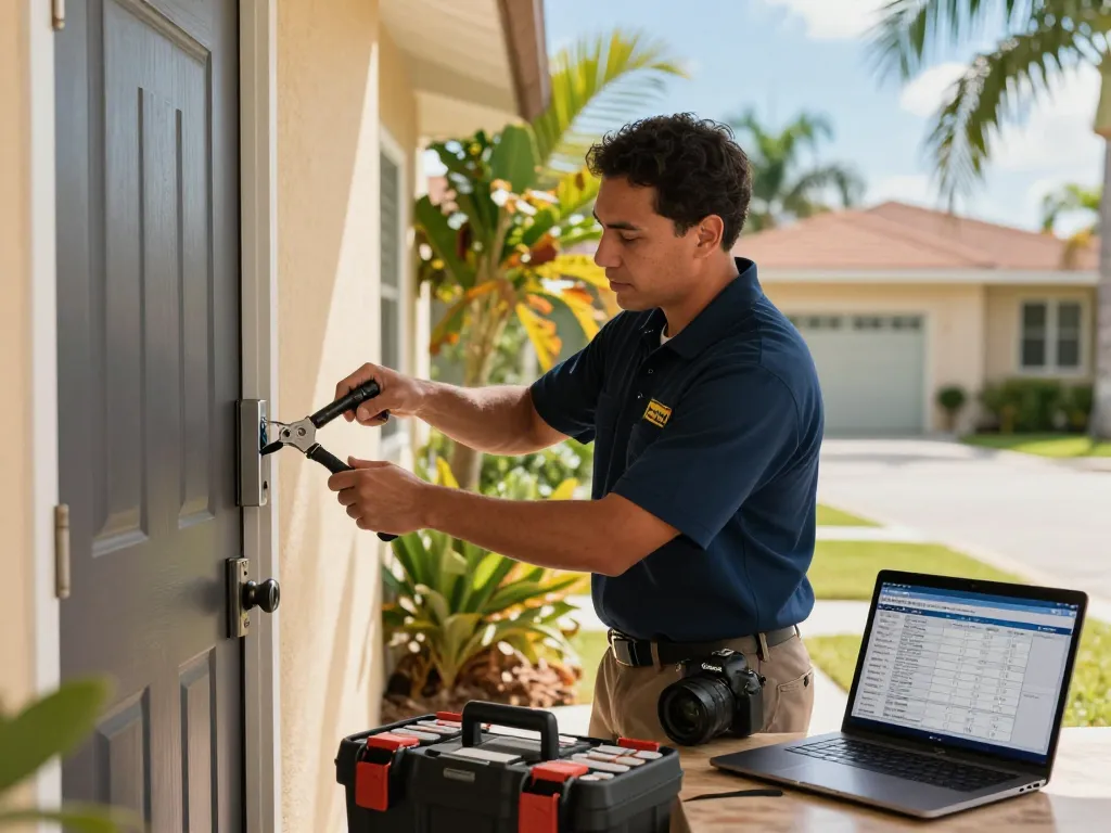 Mobile locksmith Hobe Sound providing professional door unlocking services in a sunny residential area.
