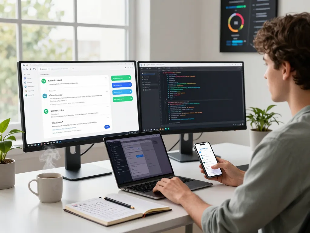 Workspace featuring Clawdbot AI on dual monitors, showcasing seamless integration with messaging apps in a modern tech environment.
